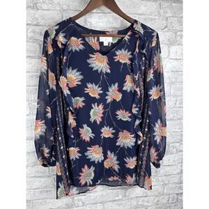 Belle by Kim Gravel Blouse Popover‎ Top Navy Blue Boho Multi Size Medium